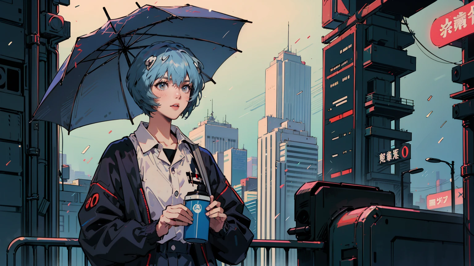 masterpiece, best quality, detailed, ((official style)), (((Rei Ayanami, 独奏))), /neon genesis evangelion/, (upper body), blue hair, short hair, bangs, red eyes, Rainy night in a neon cyberpunk city,A sophisticated vehicle passes by, Neon sign flashing, Skyscrapers pierce the purplish blue sky. Despite being a bustling city, She stands alone、Holding an umbrella