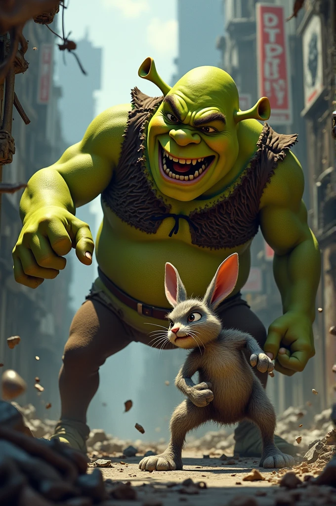 Rabbit fighting with Shrek