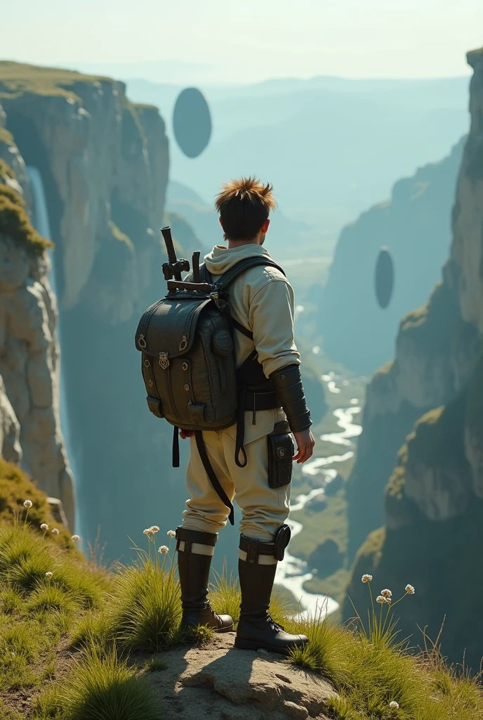 (uhd, masterpiece, anatomically correct, textured skin, super detail, high details, best quality, highres, 8k), An adventurer standing on a grassy cliff, Wearing light armor, Brown Hair, Hair that stands on end, Turning your back on the viewer, I can&#39;t see your face, The plain below the cliffs, Looking Down, Mr.々A land where fantasy creatures live, Several large and small rocks floating in the air, A waterfall cascading down from a huge rock