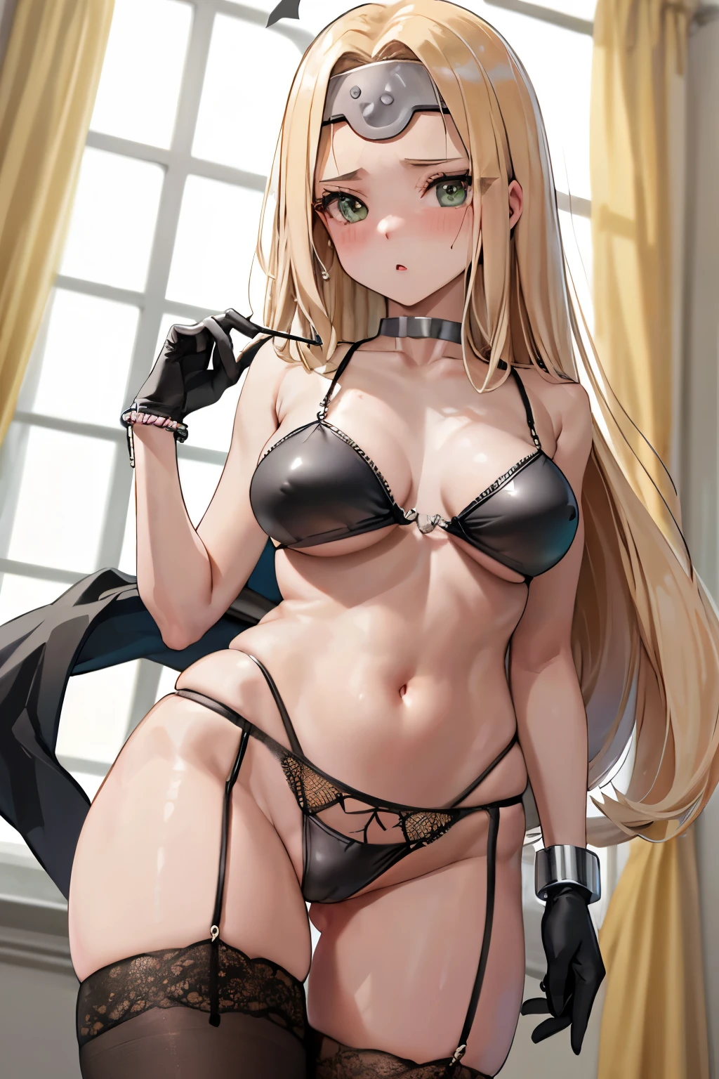 (Highest quality:1.2), alone, One woman, Adult women、Mireille, Circlet、bracelet、(blush:1.1), Embarrassing, View your viewers, ((Black Bikini))、((Black gloves))、((Garter Stockings))、((Photo from below))、