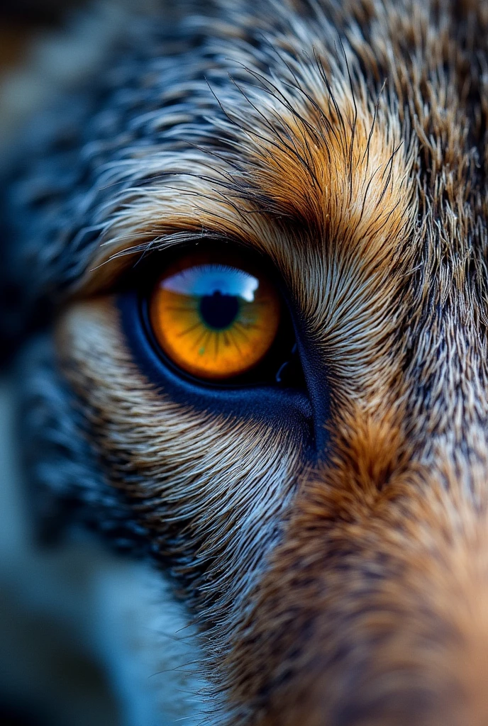 Extreme close-up of a single coyote eye, direct frontal view. Detailed iris and pupil. Sharp focus on eye texture and color. Natural lighting to capture authentic eye shine and depth. The word "MISTERIO" is painted over it in big, white brush strokes with visible texture. in background you can see the universe with stars, and big colored nebulas