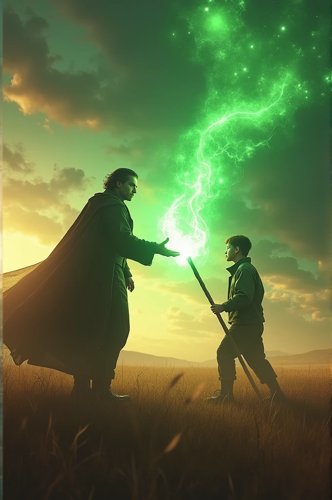A man on one side of an empty field and a  on the other. A green light comes out of the man's hand and a stick comes out of the boy's hand. The two come together in a huge battle. The sky turns red and green.