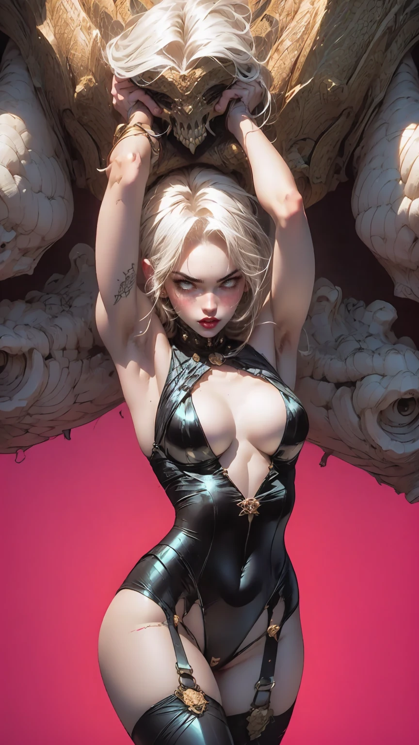 (megan fox), Lady Death, female bodybuilder physique, seductive face, seductive look, (black silk leotard & thigh highs), long white hair, perfect muscular body, long thin legs, white eyes & skin, muscular bulging pecs, (huge muscular shoulders:1.45), (torso shot), (blank background:1.25), MeganF_SoloTI_v1