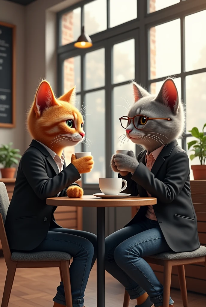 A couple of cats drinking coffee in a cafe、Trendy clothing