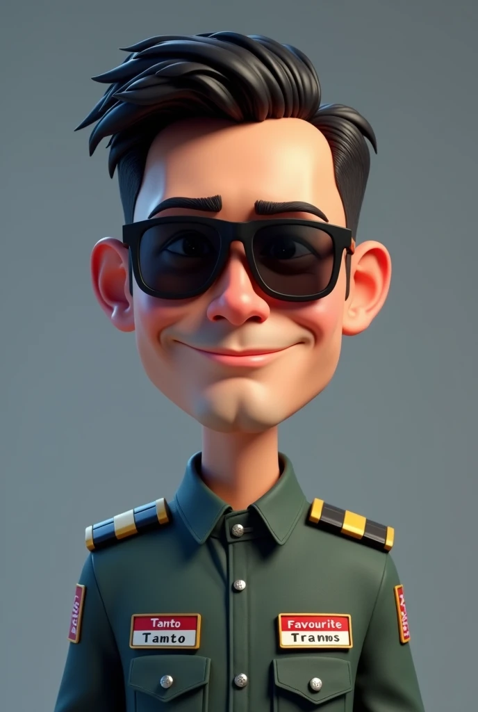 a young age indonesia man, a calm yet deep face like a typical family man, top gun jet fighter pilot uniform , his name is tanto written written on his uniform left name tag, favourite trans written on right tag, using sun glasses, big head, 3d, short hair, portrait. grey background, 3d cartoon, caricature