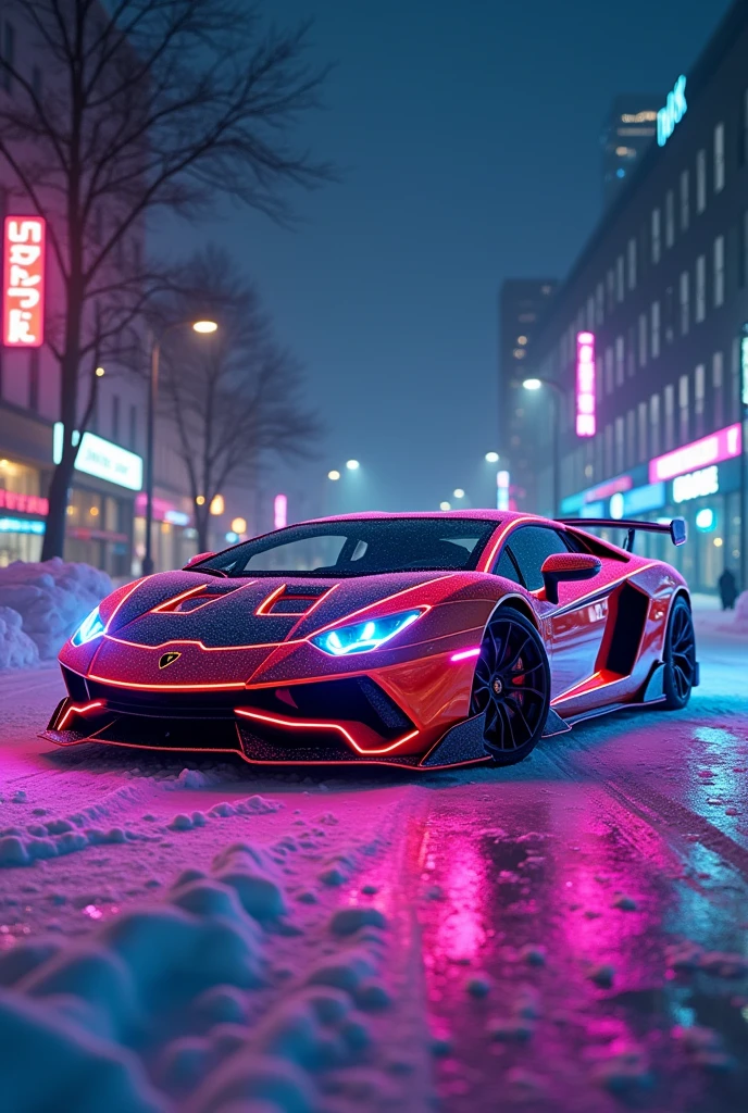 a colorful lamborghine with colorful neon lights on a snowy night