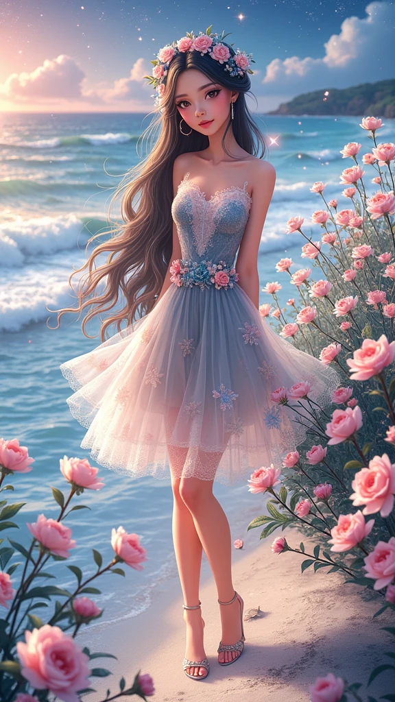 Little fairy standing on the seashore，Wear hair accessories，Lace floral dress，High heel，charming，sweet and cute，soft skin，The facial features are realistic and delicate，The beach is full of flowers，starry night，Dreamy scene photography，8K ultra-high-definition picture quality，Real photography