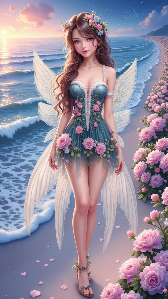  fairy standing on the seashore，Wear hair accessories，Lace floral dress，High heel，charming，sweet and cute，soft skin，The facial features are realistic and delicate，The beach is full of flowers，starry night，Dreamy scene photography，8K ultra-high-definition picture quality，Real photography