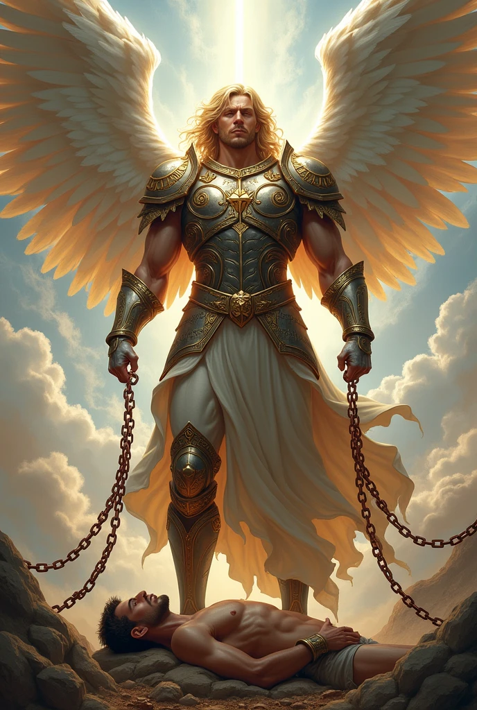 A beautiful male angel with huge wings, strong and blond dressed in war armor tearing apart chains that are in the hand of a bound and prostrate man