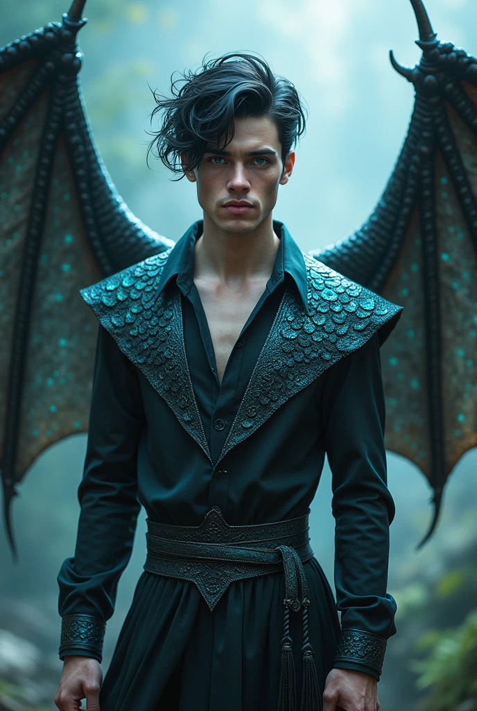 Man, blue eyes, black hair, fae, dragon wings, without beard