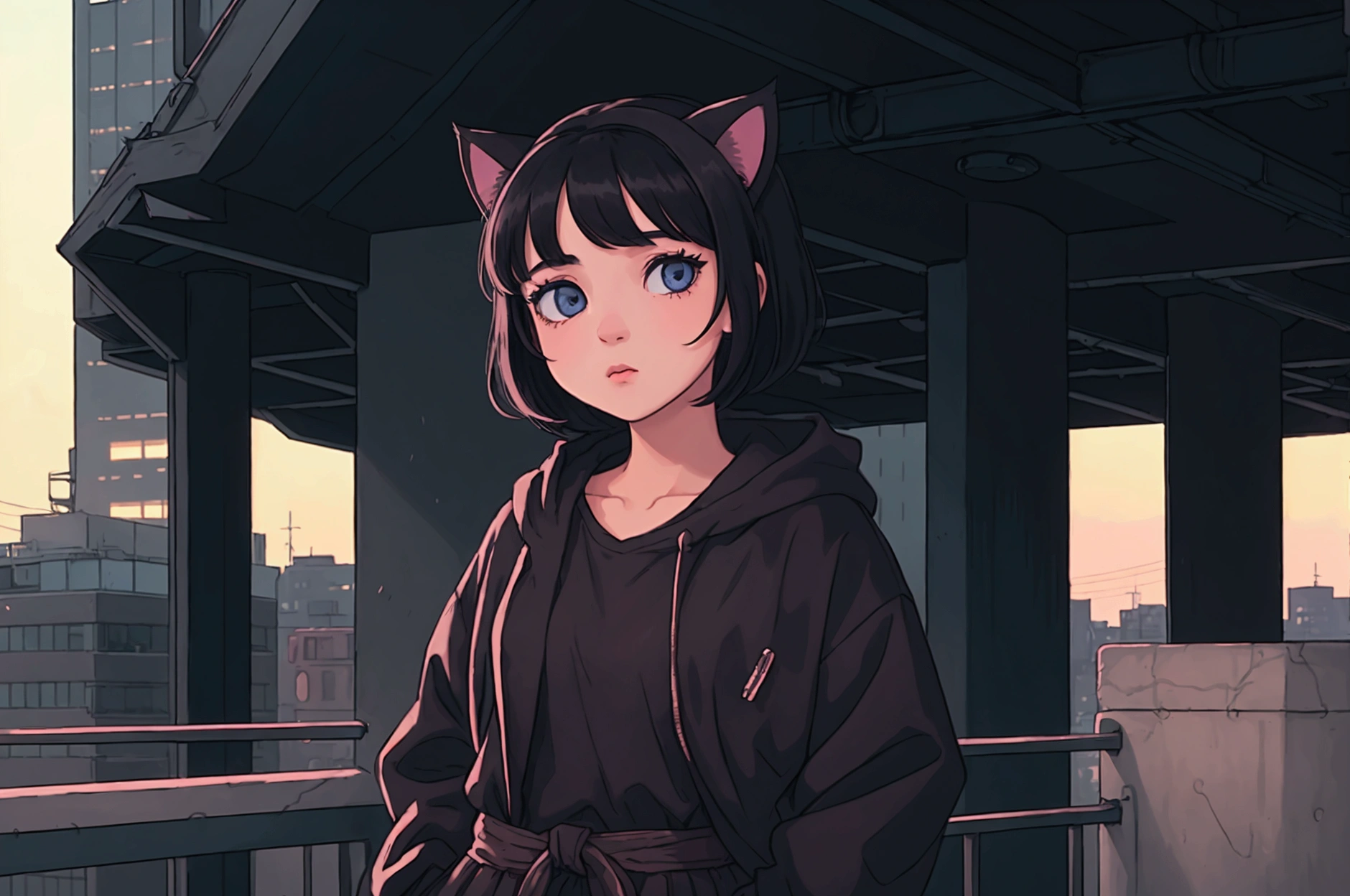 A girl with short black hair and cat ears, wearing dark clothes, in a city in the late afternoon calm, with a relaxing atmosphere. She is a little further away, with a view of her from the waist up, listening to music, and dark colors dominate the scene. The background shows a detailed and vibrant city, reflecting an 80s and 90s anime aesthetic, mixed with a touch of Fujifilm aesthetics. The girl has beautiful eyes, and the entire composition is in 4K, capturing the lofi aesthetic with a soft and tranquil atmosphere.