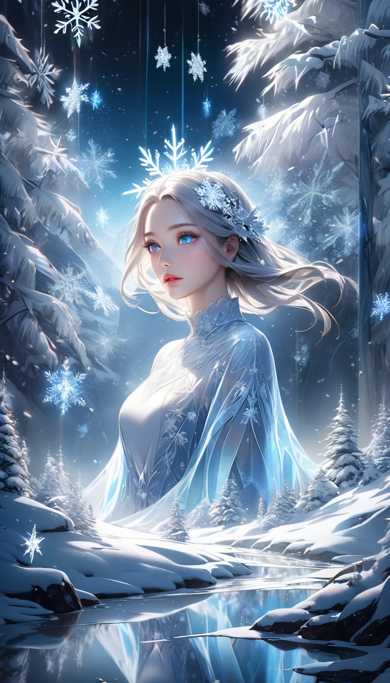 snowy landscape, dark canvas, Transparent sparkling snowflakes falling, Transparent holographic reflection, A surreal landscape made of snowflakes, Leaves viewers speechless, A beautiful world, 1 woman, detailed eyes, detailed lips, very detailed face, long eyelashes, Beautiful and detailed portraits, elegant, tranquil expression, winter, high quality, 8k, realistic, surrealist, studio lighting, Physically Based Rendering, vivid colors, movie lights, dramatic lighting, soft lighting, dramatic contrast, Glowing snowflakes, icy, winter 왕국, cold, clear, ethereal, dreamlike, mysterious, magical, fancy, concept art