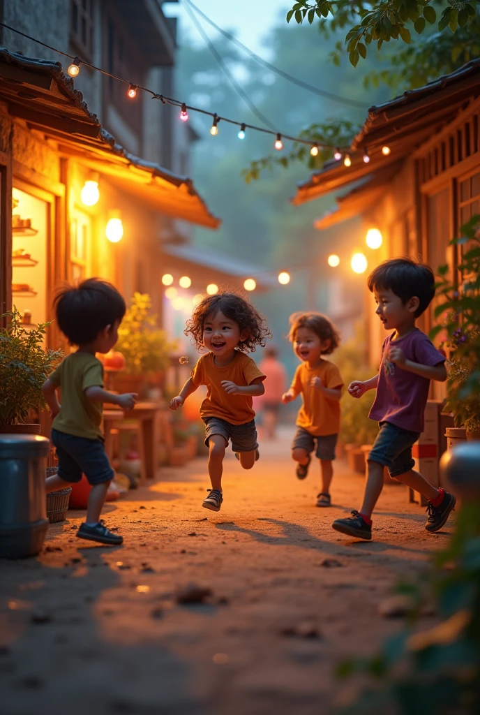 There is dirt in the background and all the kids are playing and there is light in the kitchen and all the shops are lit youtube thumbnail size