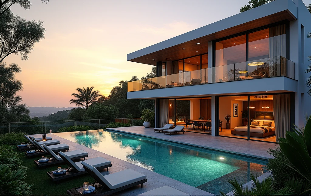 A high standard house. Luxurious condominium house with swimming pool and a well-kept garden with a beautiful sunset. A house that makes anyone who wants to buy a house want to buy it. A realistic image. 
