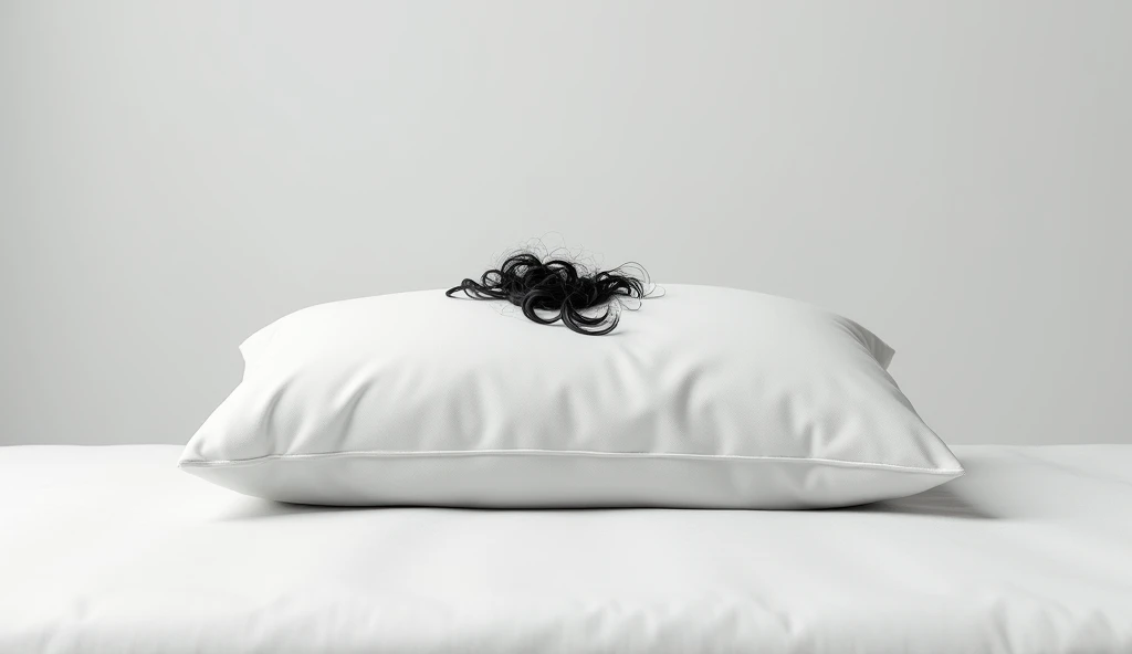A piece of black curly hair on a white pillow on a mattress