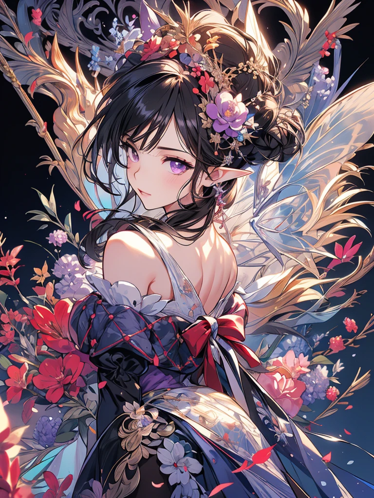 masterpiece, Highest quality, 1girl, Very detailed, Ultra-high resolution, Distinctive facial features, Anatomically correct, pretty girl, full body, Long pointy ears, Fairy, Nice face,Black Hair, Purple eyes,one piece, Black pantyhose,