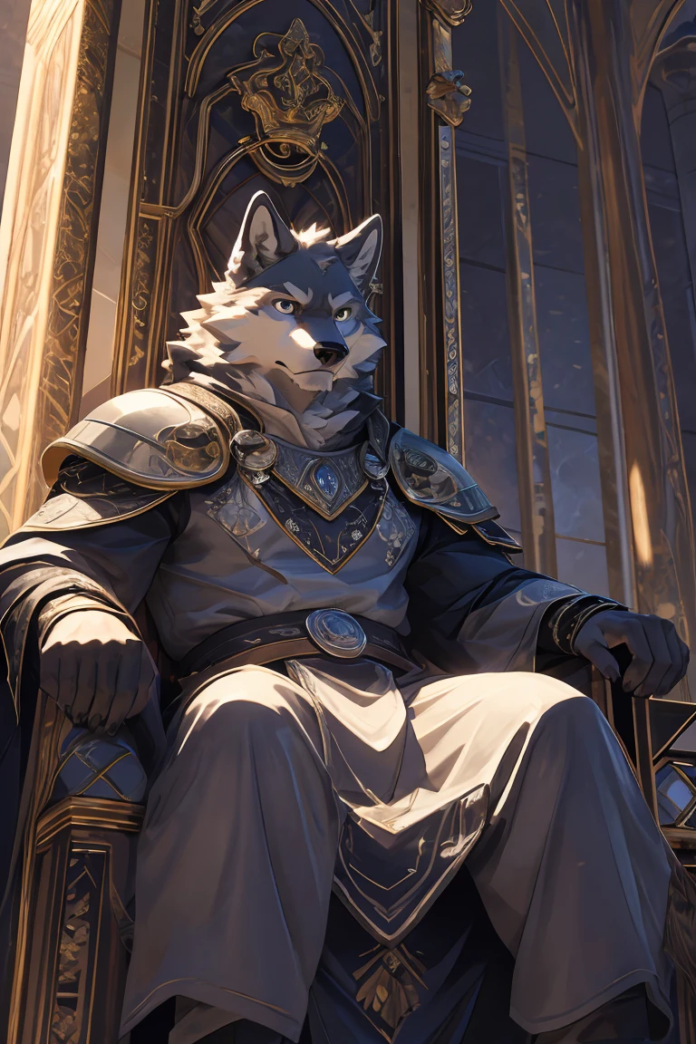 best quality，Ultra HD，Second Dimension，Close perspective，Upper Body，The most exquisite eyes［The most exquisite eyes：2.1］，Sitting on the throne in the luxurious palace，Male gray wolf，Physical fitness，Serious expression，Black eyes，White clothes，Silver Armor