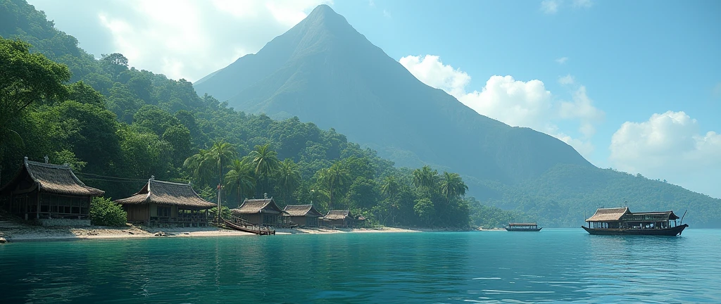 Village from ancient Ternate island, Maluku, Indonesia, beside a ocean and Ternate mountain, there is no peoples, kora-kora ships, hyper realistic, masterpiece, best quality, ultra-detailed, UHD, 64K