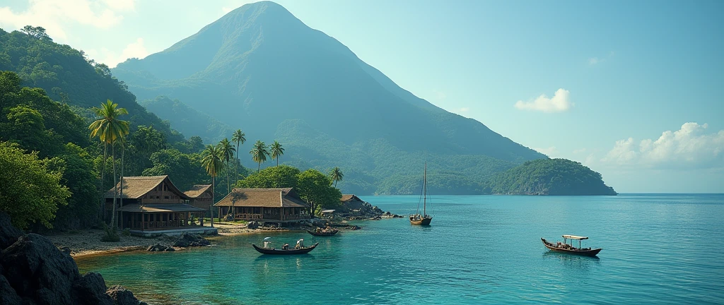 Village from ancient Ternate island, Maluku, Indonesia, beside a ocean and Ternate mountain, there is no peoples, kora-kora ships, hyper realistic, masterpiece, best quality, ultra-detailed, UHD, 64K