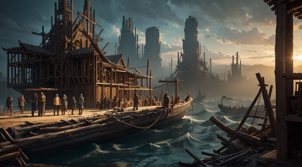 "Noah and his sons are hard at work building the ark. They are surrounded by large piles of cypress wood, with tools scattered around. In the background, people jeer and laugh as the structure of the ark begins to take shape. The scene is captured in rich detail, showing the effort and dedication of Noah and his family amidst the disbelief of the others.", perfect composition, beautiful detailed intricate insanely detailed octane render trending on artstation, 8 k artistic photography, photorealistic concept art, soft natural volumetric cinematic perfect light, chiaroscuro, award - winning photograph, masterpiece, oil on canvas, raphael, caravaggio, greg rutkowski, beeple, beksinski, giger