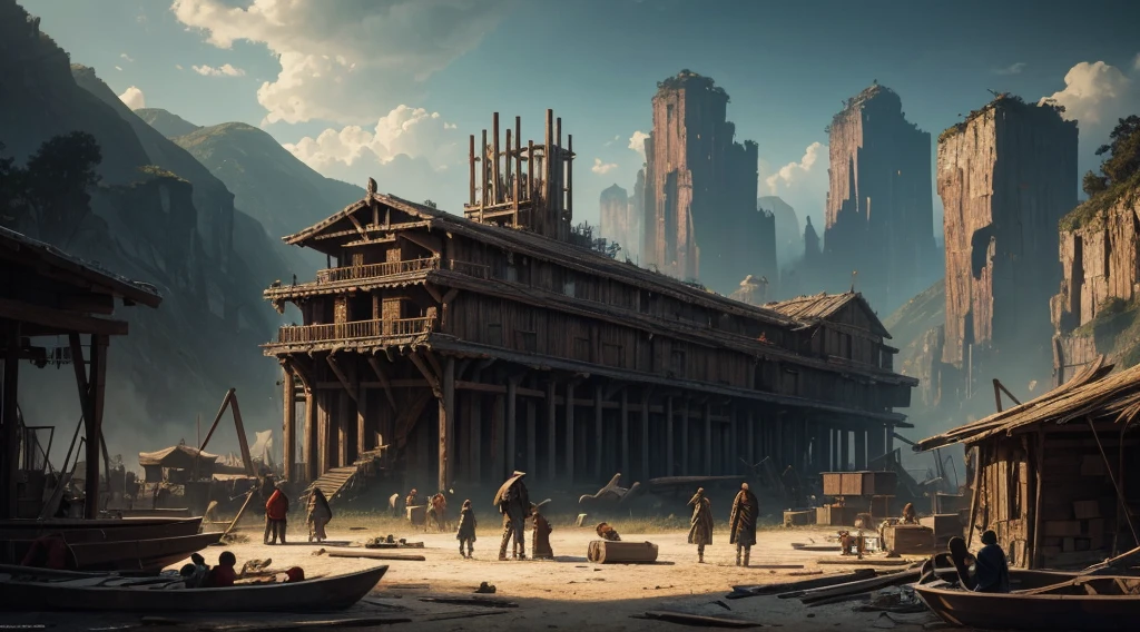 "Noah and his sons are hard at work building the ark. They are surrounded by large piles of cypress wood, with tools scattered around. In the background, people jeer and laugh as the structure of the ark begins to take shape. The scene is captured in rich detail, showing the effort and dedication of Noah and his family amidst the disbelief of the others.", perfect composition, beautiful detailed intricate insanely detailed octane render trending on artstation, 8 k artistic photography, photorealistic concept art, soft natural volumetric cinematic perfect light, chiaroscuro, award - winning photograph, masterpiece, oil on canvas, raphael, caravaggio, greg rutkowski, beeple, beksinski, giger