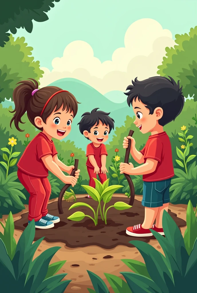 School garden logo with students wearing red pants and red and white shirts cultivating In Spanish