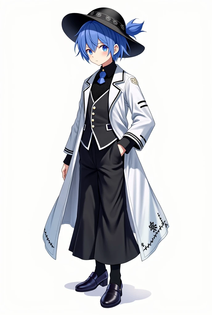 boy, oujo fashion, White background, full height, hat, black and white clothing tones, Short blue hair, 