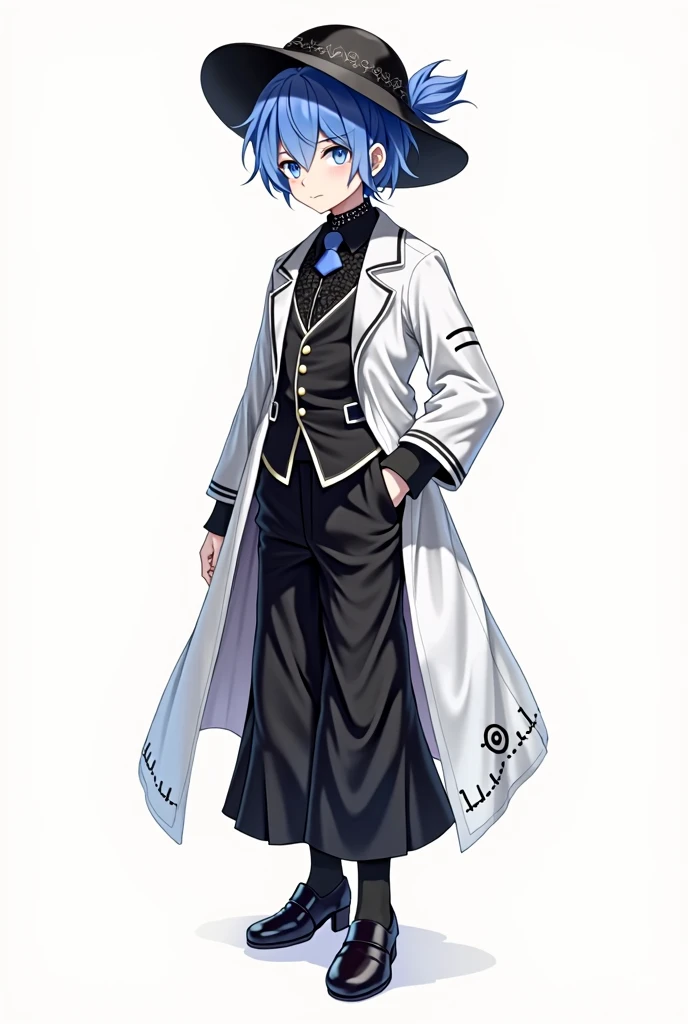 boy, oujo fashion, White background, full height, hat, black and white clothing tones, Short blue hair,