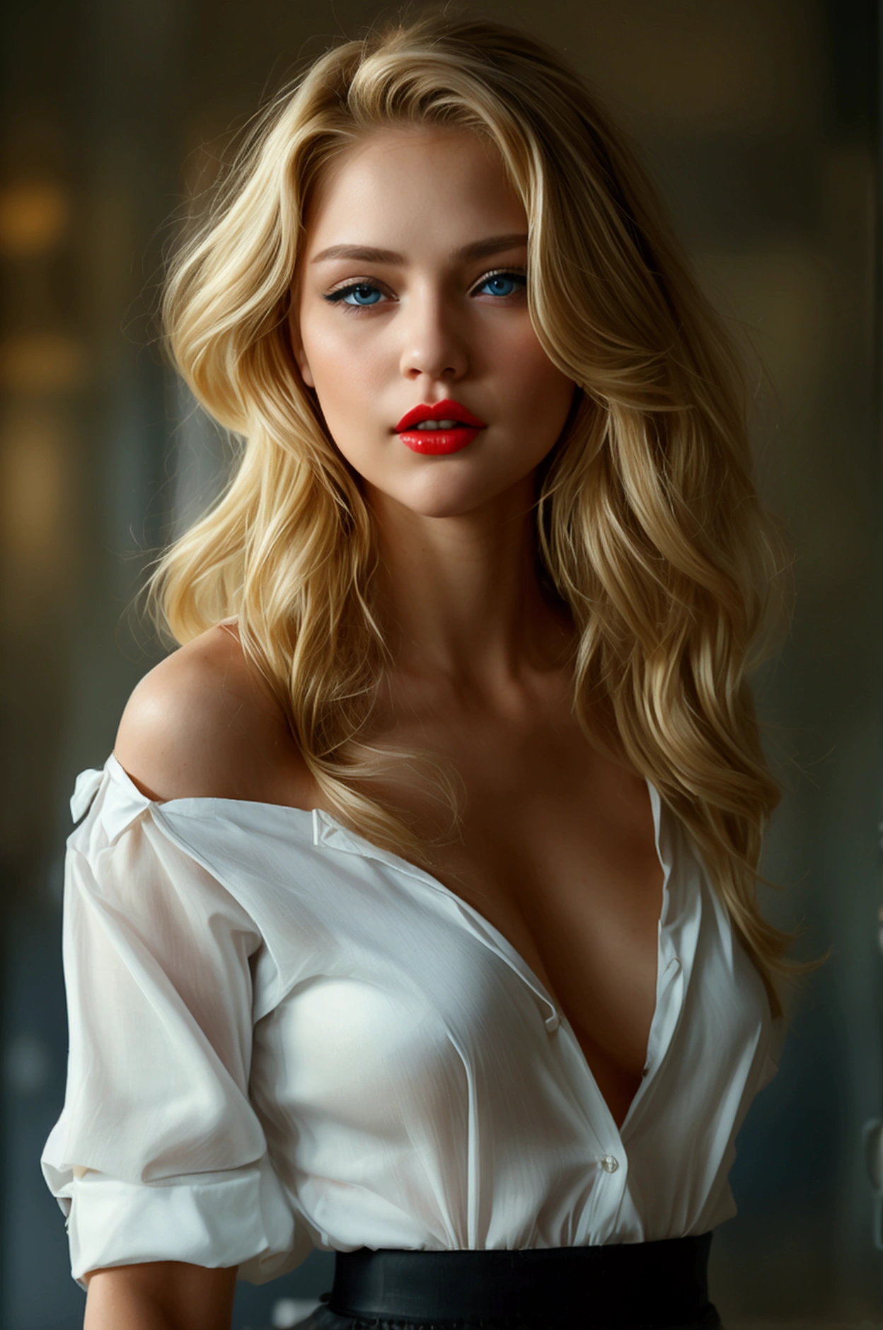 A very attractive and sexy woman, around 2, with blonde hair, blue eyes and red lips, wearing a very low-cut white shirt and a very mini black skirt.