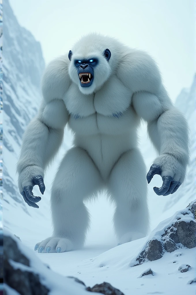 Height and Size: Very tall and muscular, with an intimidating presence.
Skinned/Fur: Covered in thick white fur that helps it camouflage itself in the snow.
eyeballs: Ice blue in color, penetrating, that stand out in the icy environment.
muka: With features that mix characteristics of a monkey and a human, including sharp teeth that become visible when he growls.
enviroment: A snow-covered mountain landscape, with a heavy snowfall, reinforcing the idea that the Yeti is a creature adapted to extreme cold.