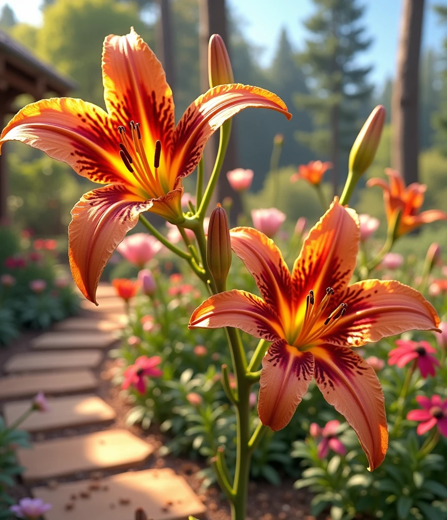 Create an image of a Lilium superbum, Tiger Lily in full bloom, standing proudly in a cozy home garden. The vibrant orange petals with deep, dark spots should curve outward, catching the sunlight. Surround the Tiger Lily with a variety of other garden plants, including lush green foliage and soft, colorful blooms in the background, creating a harmonious and vibrant scene. The garden path, made of natural stone or brick, should lead up to the flower, inviting the viewer to admire its beauty. Warm, natural light filters through the surrounding trees, casting gentle shadows that enhance the vivid colors and realistic textures of the flowers. The setting should evoke a sense of tranquility and the simple joys of a well-tended home garden