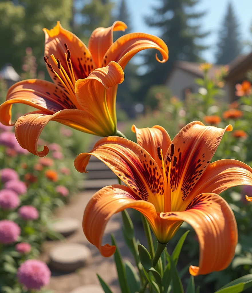 Create an image of a Lilium superbum, Tiger Lily in full bloom, standing proudly in a cozy home garden. The vibrant orange petals with deep, dark spots should curve outward, catching the sunlight. Surround the Tiger Lily with a variety of other garden plants, including lush green foliage and soft, colorful blooms in the background, creating a harmonious and vibrant scene. The garden path, made of natural stone or brick, should lead up to the flower, inviting the viewer to admire its beauty. Warm, natural light filters through the surrounding trees, casting gentle shadows that enhance the vivid colors and realistic textures of the flowers. The setting should evoke a sense of tranquility and the simple joys of a well-tended home garden