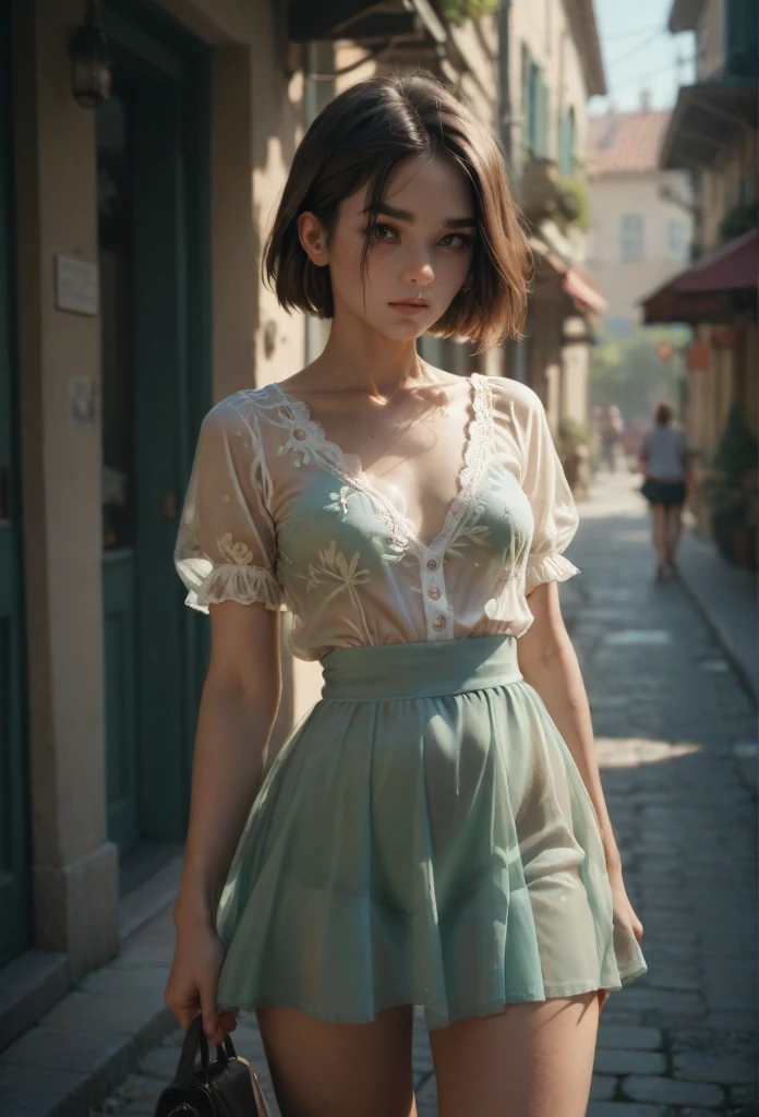 Beautiful girls and women々Create new, whole body, A short, sheer dress、For girls, Remove low-cut see-through blouse and mini skirt., I&#39;I&#39;m looking forward to both, The boy is kissing her breast, Make it look realistic、Nipples and crotch are visible through the fabric