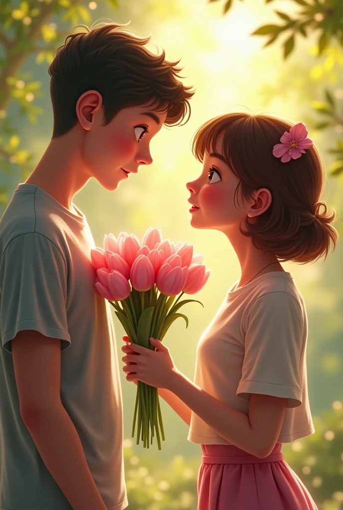 A girl giving pink tulips to a guy ,they should be agers