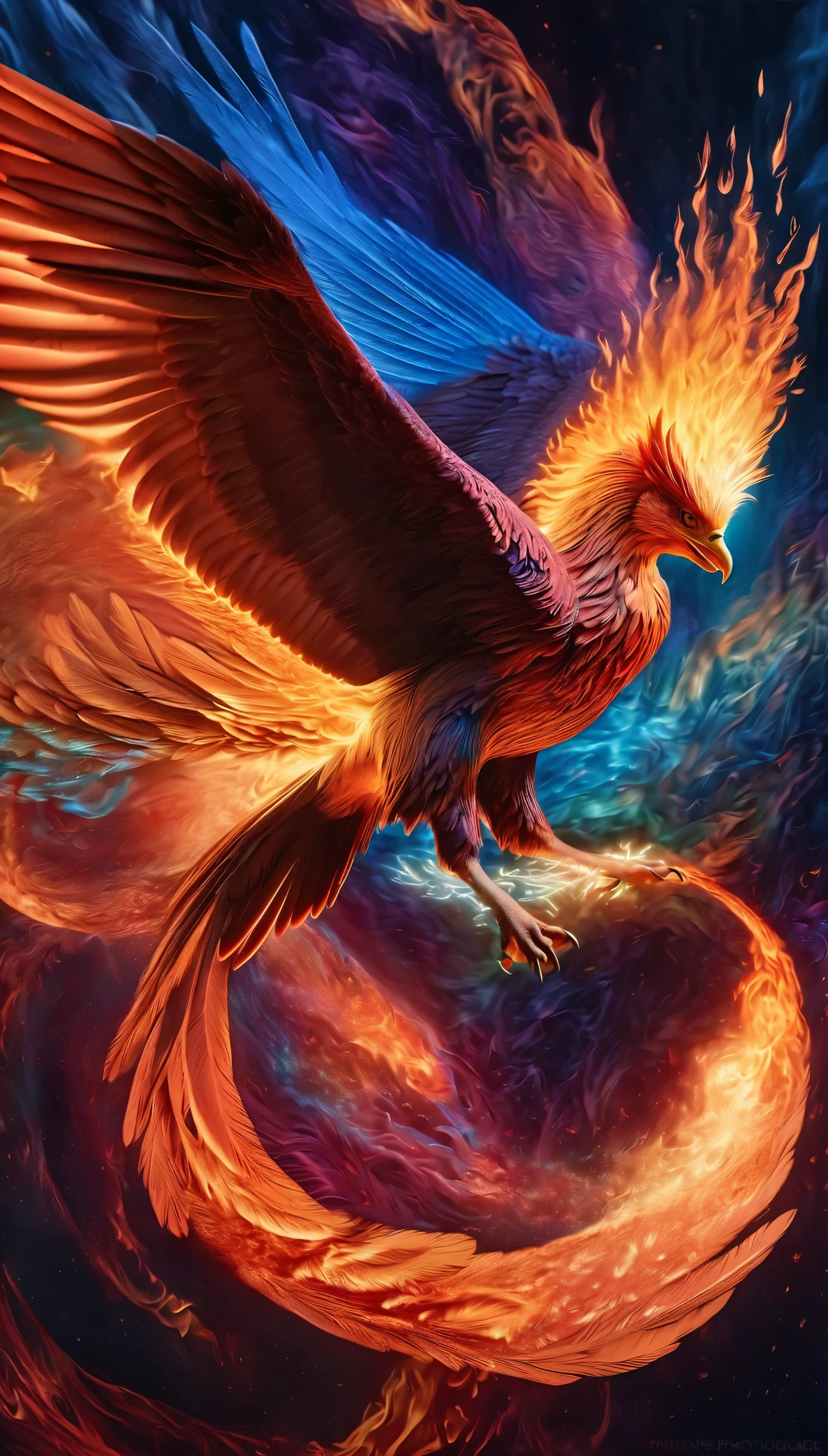 a mythical phoenix bird, feathers of fire, spreading sparks, wings ablaze, flying through chaos, ethereal and divine, photorealistic, 8k, hyper detailed, dramatic lighting, vibrant colors, surreal and abstract, fiery holographic effects, dynamic movement