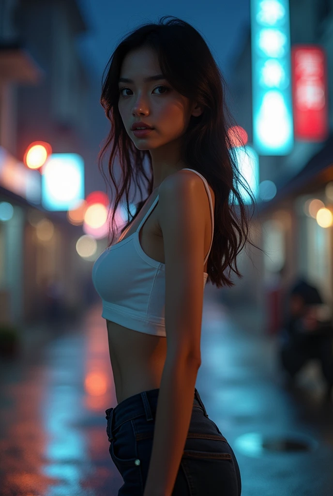 ((Realistic lighting, best quality, 8k, masterpiece: 1.3)), Clear focus: 1.2, 1 girl, Perfect body: 1.4, slim abs: 1.1, ((Dark brown hair)), (White short top: 1.4), (outdoor, night: 1.1), City Streets, Ultra-delicate face, beautiful eyes, double eyelids,tights