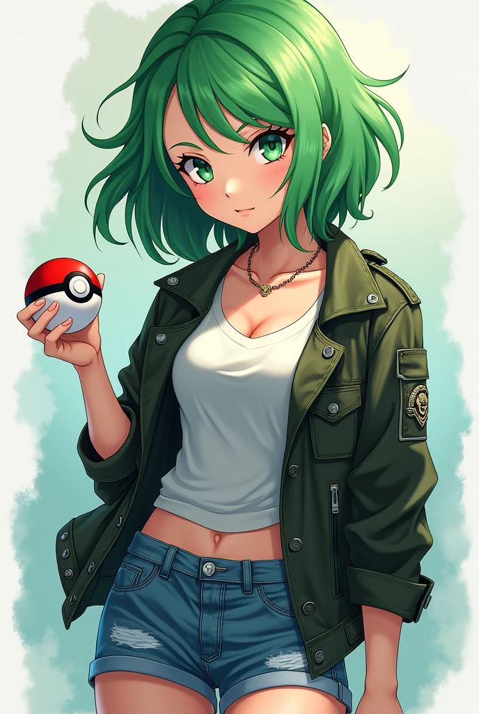 A beautiful woman wearing denim shorts, With a shirt and leather jacket, he has green hair and green eyes, his eyes are sharp, hold a pokeball, anime style