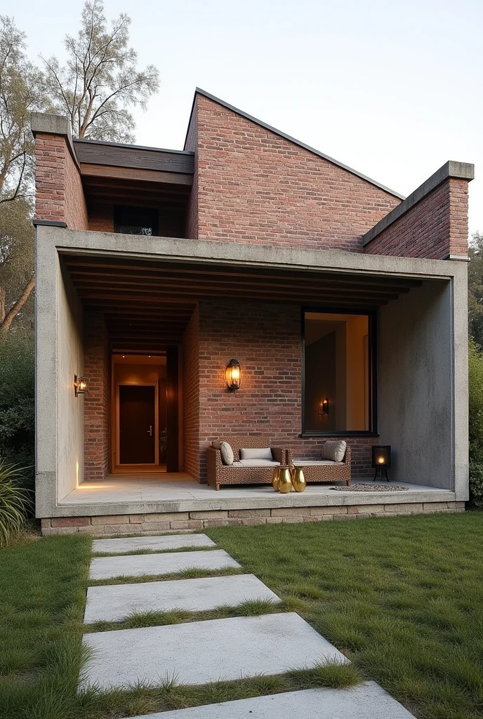 Create a banglow fcad material is exposed brick and expose concrete with batten