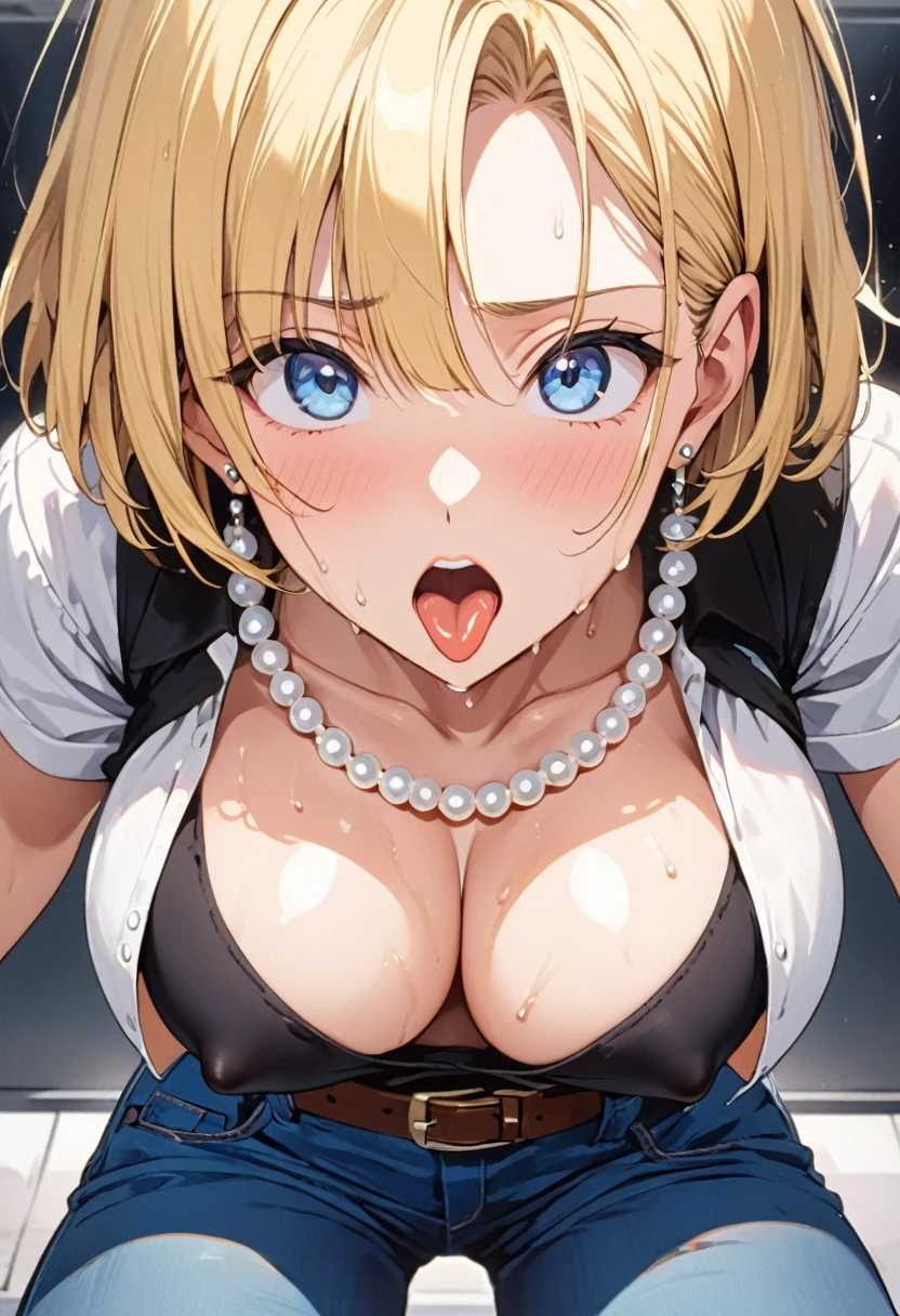 masterpiece, Highest quality, High resolution, (Artificial Human Room No. 18),1990s \(style\),(E-cup beautiful breasts)、height: 170cm,Sweating all over the body、vapor、Muscular、((sexy))、(sex),(nsfw),(M-shaped legs),Sweaty、(Breasts spilling out of clothes),独奏,Anime-style painting style, blonde hair, Blue eyes, belt, jeans, pearl_necklace, bracelet, black gloves, white shirt, short hair, short sleeves, earrings, blue short pants, open vest, black vest,middle breasts,Composition focusing on the upper body,(Cool face)、Pointed eyes,A face writhing in pleasure,Kissing expression、Sticking out tongue、Composition looking up from below