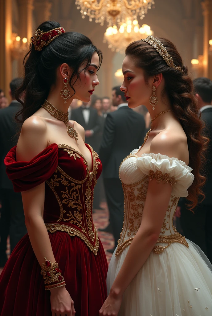 A highly realistic and dark fantasy-inspired visual depiction of a tense stand-off between Lady Vivienne d’Aurelis and Lady Ophelia d’Aurelis at the empire's annual charity event. Lady Vivienne is dressed in a luxurious, deep crimson velvet gown, with intricate gold filigree and a regal high collar that exudes power and sophistication. Her dark hair is styled in a dramatic, elaborate updo, adorned with rubies and gold accents that catch the dim, ambient lighting. Her expression is poised, with a hint of defiance as she faces her rival.

Lady Ophelia contrasts sharply, wearing an exquisite white pearl-themed gown that is both ethereal and imposing. The gown features a corseted bodice with silver and pearl embellishments, cascading into a flowing skirt that shimmers like liquid moonlight. Her hair is slicked back into a sleek, modern twist, adorned with a delicate pearl crown, and her eyes gleam with cold calculation. 

The background captures the opulence of the charity event, set in a grand ballroom with dark, gothic architecture, flickering chandeliers, and luxurious velvet drapes. The guests, dressed in dark, elegant attire, are seen mingling in the distance, unaware of the silent but palpable tension between Vivienne and Ophelia. The atmosphere is heavy with rivalry, as the two women stand just feet apart, their contrasting styles and fierce expressions highlighting the depth of their power struggle. The art style is a blend of realism and dark fantasy, with intricate details in the clothing, expressions, and environment, emphasizing the elegance, tension, and underlying menace of the moment.