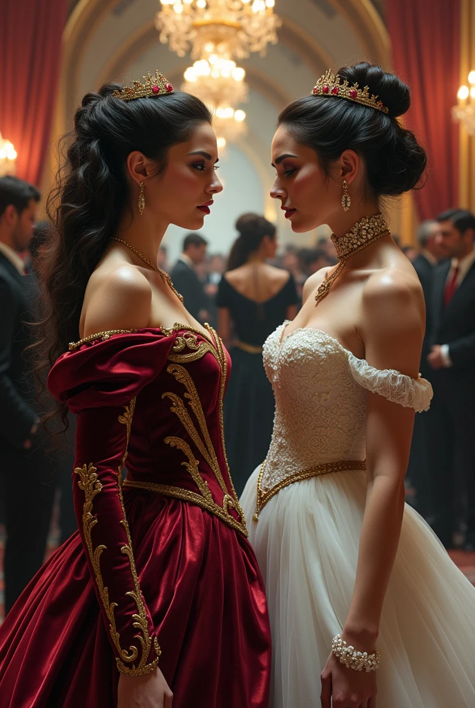 A highly realistic and dark fantasy-inspired visual depiction of a tense stand-off between Lady Vivienne d’Aurelis and Lady Ophelia d’Aurelis at the empire's annual charity event. Lady Vivienne is dressed in a luxurious, deep crimson velvet gown, with intricate gold filigree and a regal high collar that exudes power and sophistication. Her dark hair is styled in a dramatic, elaborate updo, adorned with rubies and gold accents that catch the dim, ambient lighting. Her expression is poised, with a hint of defiance as she faces her rival.

Lady Ophelia contrasts sharply, wearing an exquisite white pearl-themed gown that is both ethereal and imposing. The gown features a corseted bodice with silver and pearl embellishments, cascading into a flowing skirt that shimmers like liquid moonlight. Her hair is slicked back into a sleek, modern twist, adorned with a delicate pearl crown, and her eyes gleam with cold calculation. 

The background captures the opulence of the charity event, set in a grand ballroom with dark, gothic architecture, flickering chandeliers, and luxurious velvet drapes. The guests, dressed in dark, elegant attire, are seen mingling in the distance, unaware of the silent but palpable tension between Vivienne and Ophelia. The atmosphere is heavy with rivalry, as the two women stand just feet apart, their contrasting styles and fierce expressions highlighting the depth of their power struggle. The art style is a blend of realism and dark fantasy, with intricate details in the clothing, expressions, and environment, emphasizing the elegance, tension, and underlying menace of the moment.