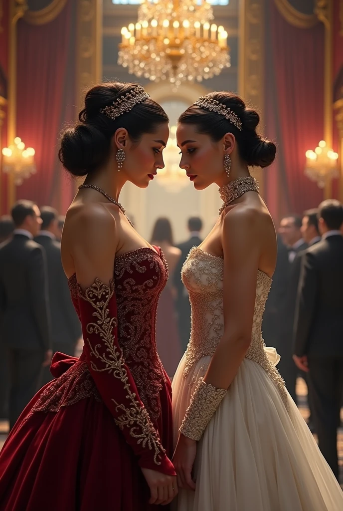 A highly realistic and dark fantasy-inspired visual depiction of a tense stand-off between Lady Vivienne d’Aurelis and Lady Ophelia d’Aurelis at the empire's annual charity event. Lady Vivienne is dressed in a luxurious, deep crimson velvet gown, with intricate gold filigree and a regal high collar that exudes power and sophistication. Her dark hair is styled in a dramatic, elaborate updo, adorned with rubies and gold accents that catch the dim, ambient lighting. Her expression is poised, with a hint of defiance as she faces her rival.
Lady Ophelia contrasts sharply, wearing an exquisite white pearl-themed gown that is both ethereal and imposing. The gown features a corseted bodice with silver and pearl embellishments, cascading into a flowing skirt that shimmers like liquid moonlight. Her hair is slicked back into a sleek, modern twist, adorned with a delicate pearl crown, and her eyes gleam with cold calculation.
The background captures the opulence of the charity event, set in a grand ballroom with dark, gothic architecture, flickering chandeliers, and luxurious velvet drapes. The guests, dressed in dark, elegant attire, are seen mingling in the distance, unaware of the silent but palpable tension between Vivienne and Ophelia. The atmosphere is heavy with rivalry, as the two women stand just feet apart, their contrasting styles and fierce expressions highlighting the depth of their power struggle. The art style is a blend of realism and dark fantasy, with intricate details in the clothing, expressions, and environment, emphasizing the elegance, tension, and underlying menace of the moment.