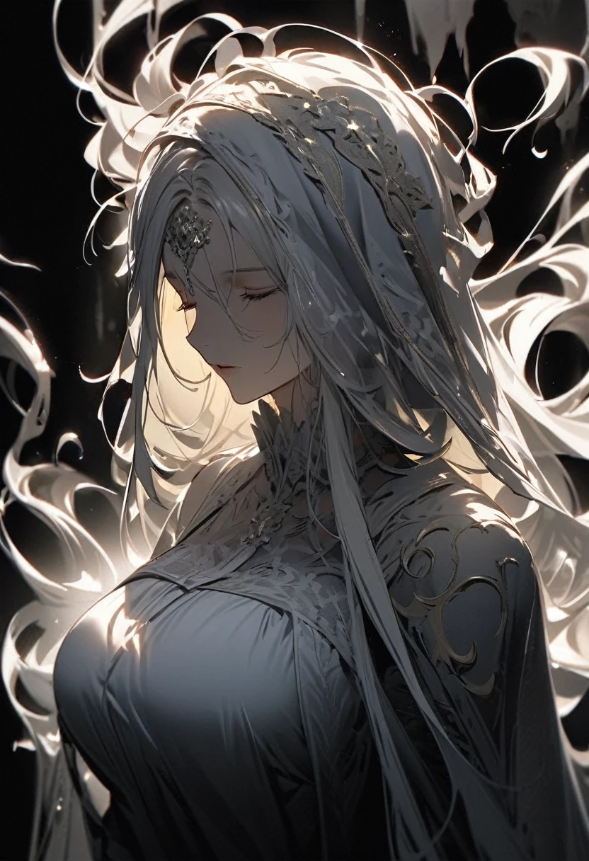 The black and white image shows a lush, medium-sized woman wearing a veil, highlighted in a dark environment. Only his face and part of his shoulders are illuminated., creating a strong contrast with the black background. The veil, of a translucent and light material, falls gently over her hair and shoulders. The woman has a serene and melancholic expression, with eyes closed or half-closed, giving a feeling of introspection or sadness. The light that illuminates it comes from a higher angle, highlighting the contours of your face and creating soft shadows. The overall mood of the image is sombre and evocative., with a focus on the figure of the woman and the mystery that surrounds her, The lush, medium-sized woman with very long, messy hair and breasts, short hair, fringe, blond hair, big breasts, 