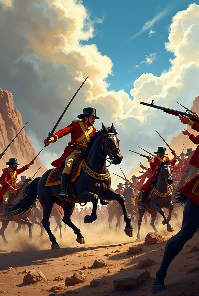 Simon Bolivar and his men fighting against Spain for the independence of Peru. cartoon