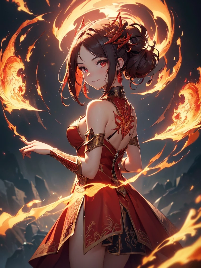 (((best quality, sharp image, clear image, cinematic lighting, 8k resolution, masterpiece, ultra detailed, intricate))) Girl, sorcerer, cute, intricate dress, smiling, fiery red, ((intricate background)), (rune frame), dimension, ((shot from behind)), fire sigils, chaotic background, ((half-body shot))