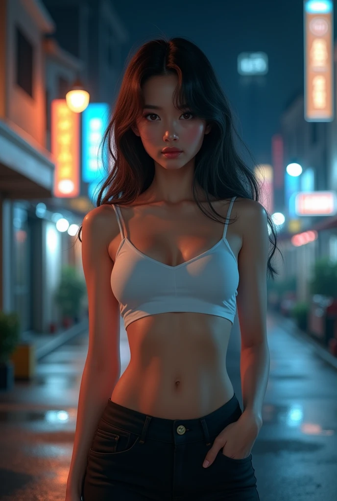 ((Realistic lighting, best quality, 8k, masterpiece: 1.3)), Clear focus: 1.2, 1 girl, Perfect body: 1.4, slim abs: 1.1, ((Dark brown hair)), (White short top: 1.4), (outdoor, night: 1.1), City Streets, Ultra-delicate face, beautiful eyes, double eyelids,tights