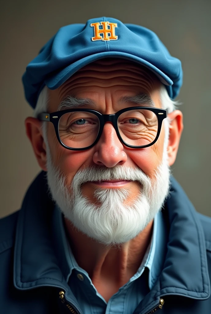 I want an image of a man with a blue cap with a jacket with a white beard with black glasses