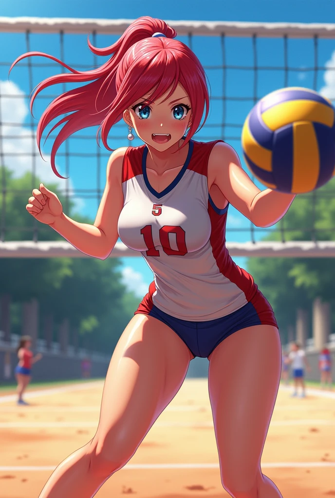 Create an image of an anime girl playing volleyball with big breasts 