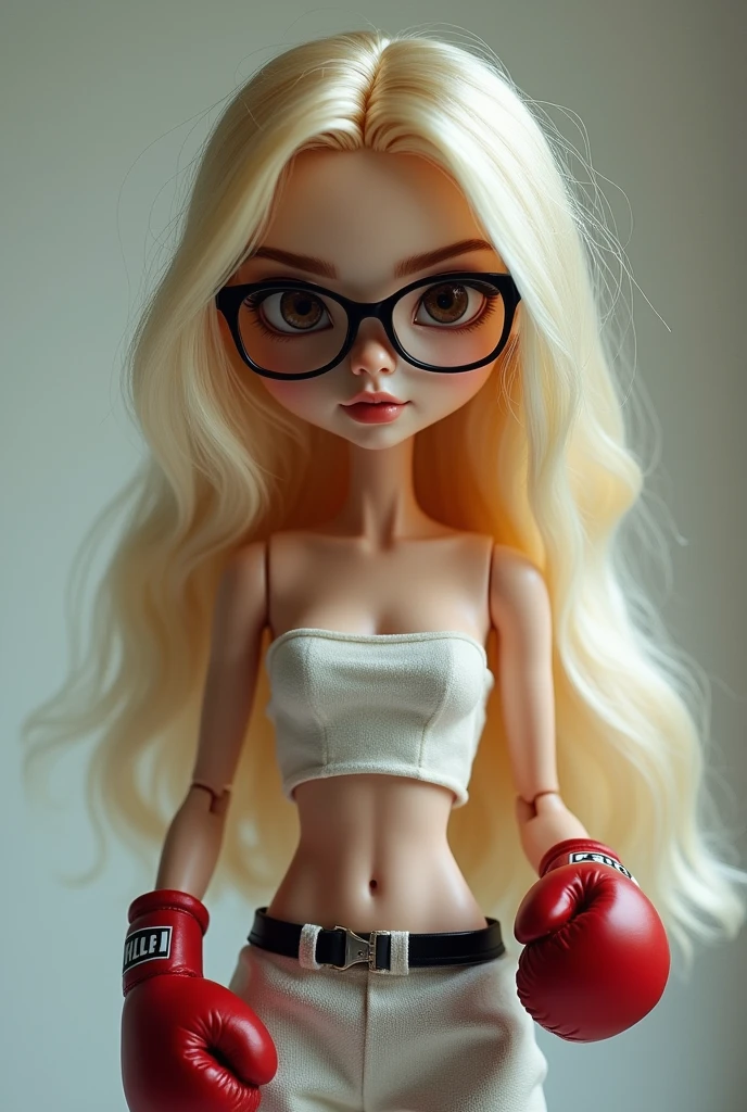 Tall blonde doll, eyes browns, medium hair glasses, wearing boxing gloves