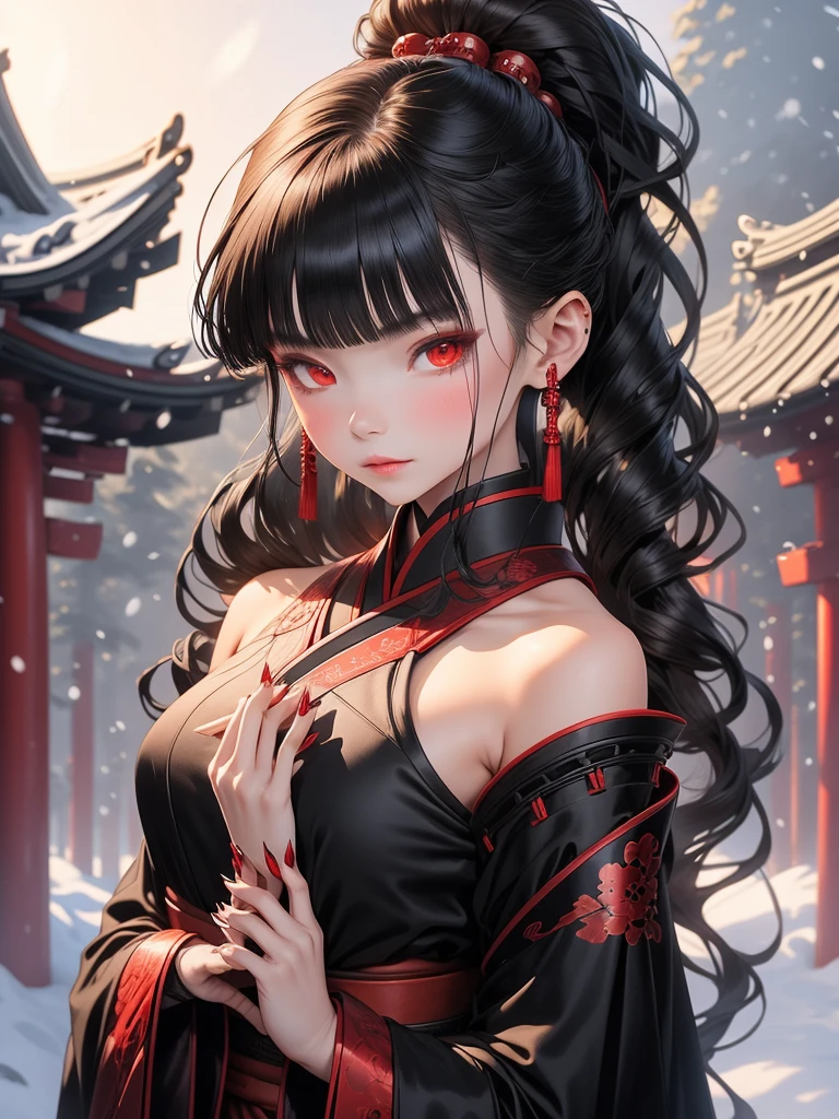 A girl in a black Hanfu with red armor , Height 1.79,Thin hands and on my fingers protective silver nails shaped like claws , red eyes/wine ,two katanas on my back , hair as black as night with a silver lock held in a perfect ponytail with silver hair sticks and red and black beads, My fine features and my snow-pale skin, forest background between Japanese temple 